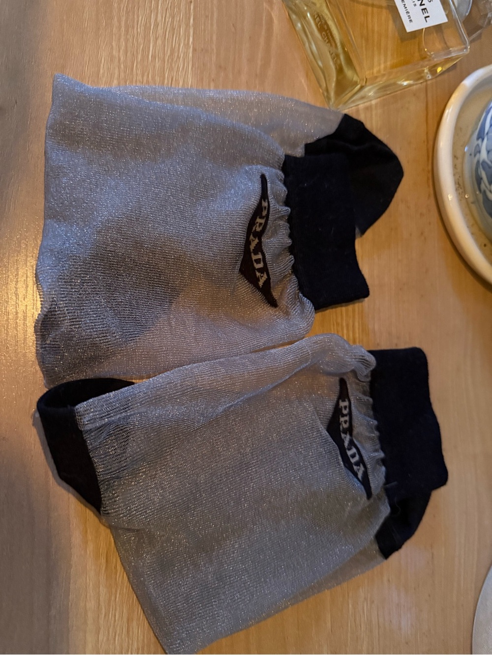 PRADA SS17 Sheer Shimmer Ankle Socks in Silver with Black Trim